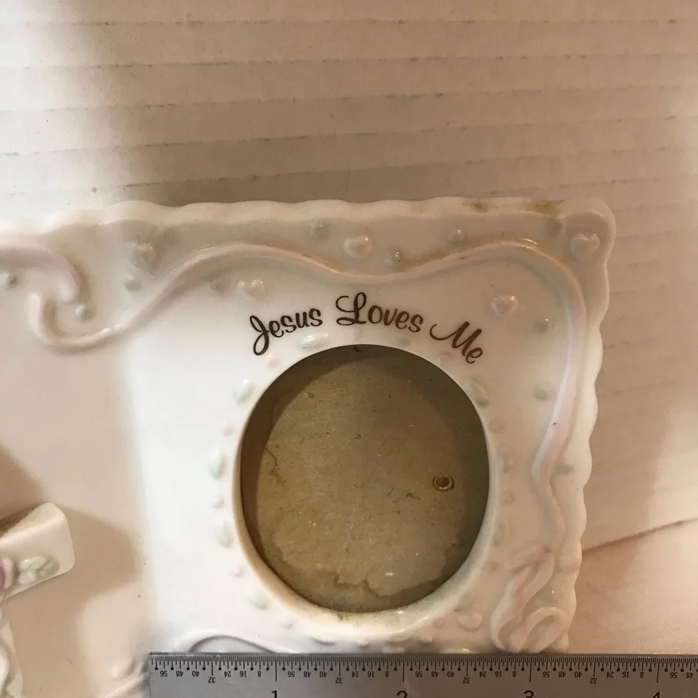 Russ Berrie White Ceramic Frame with Pink Accents and Cross